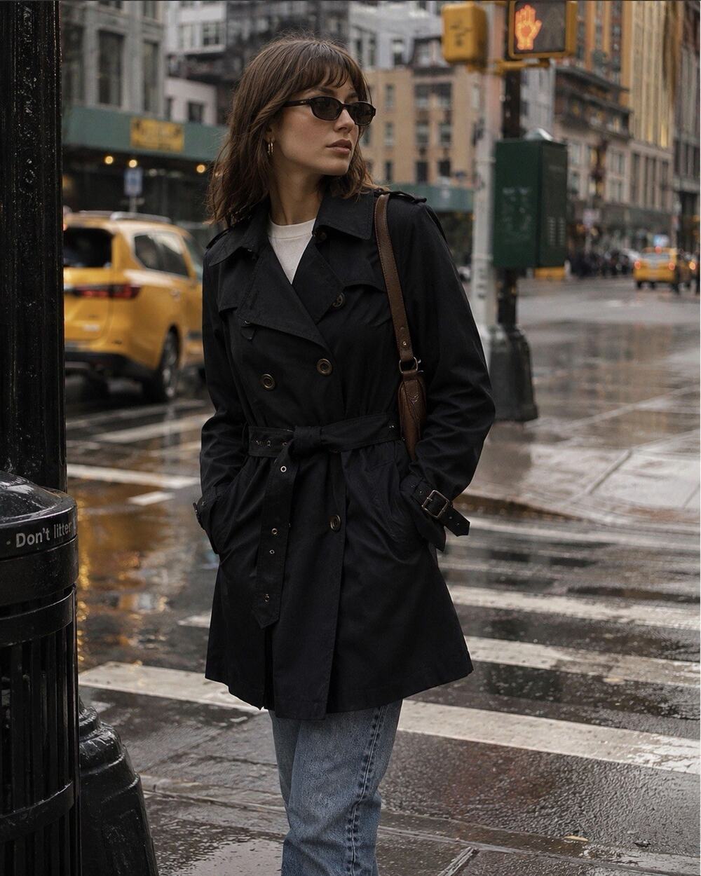 Worthington Double Breasted Belted Trench Coat Black Raincoat Minimalist Sz L